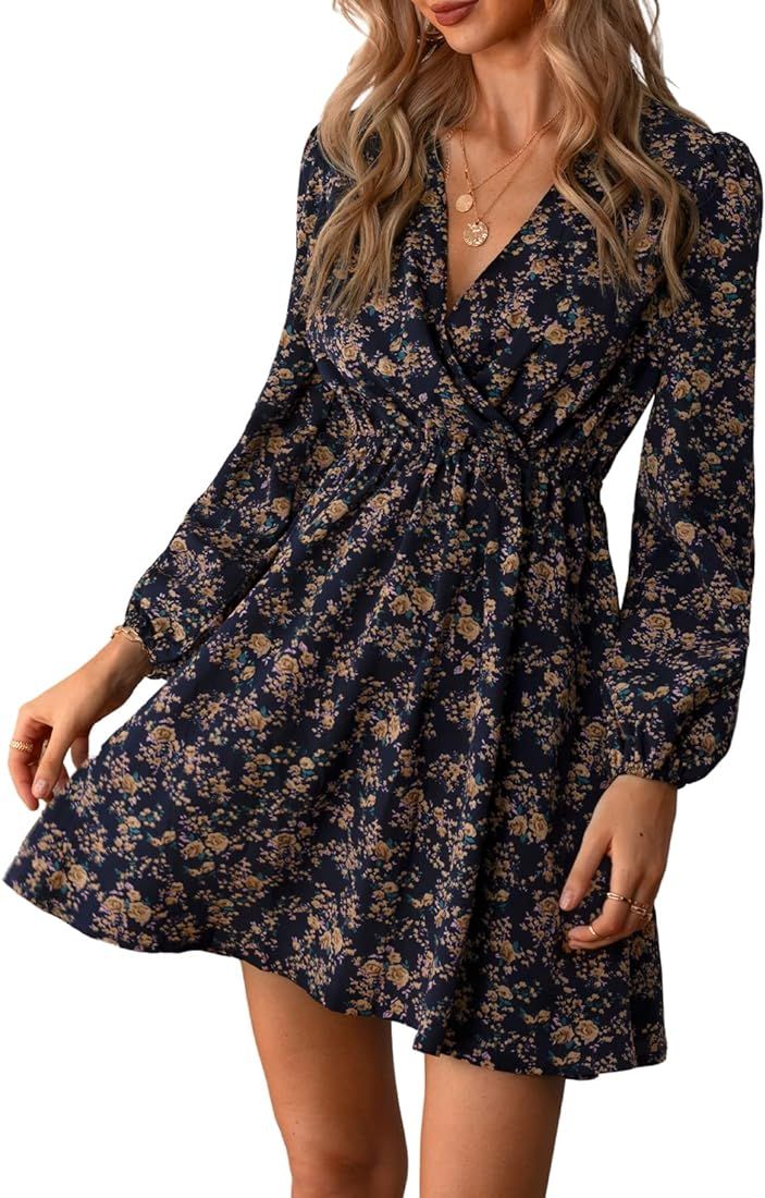 Womens V Neck Floral Mini Dress Long Sleeve A Line Surplice | Amazon (US)