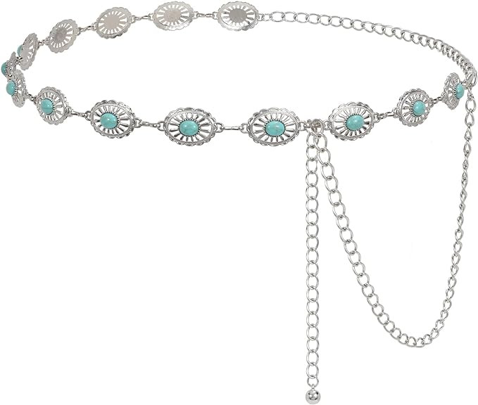 LEACOOLKEY Women Turquoise Concho Chain Waist Belt Silver Western Cowgirl Metal Chain Belt for Dr... | Amazon (US)
