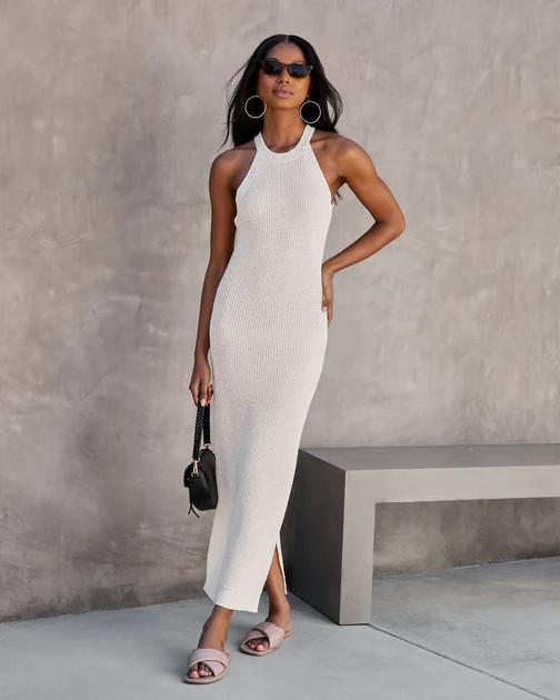Meet Me At The Beach Knit Side Slit Midi Dress - Cream - LAST CHANCE | VICI
