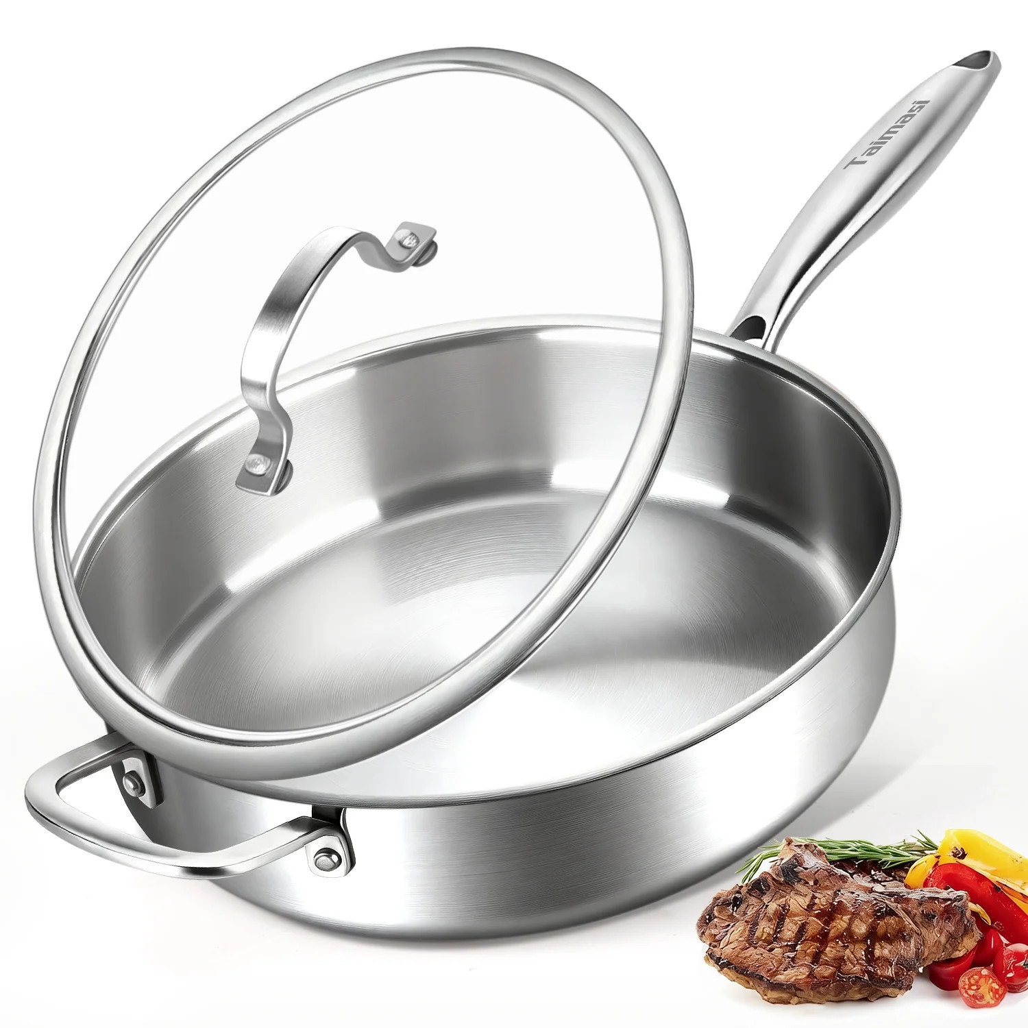 Tri-Ply Stainless Steel Frying Pan, TAIMASI 12 Inch Stainless Steel Skillet with Lid & Handle, 6 ... | Walmart (US)