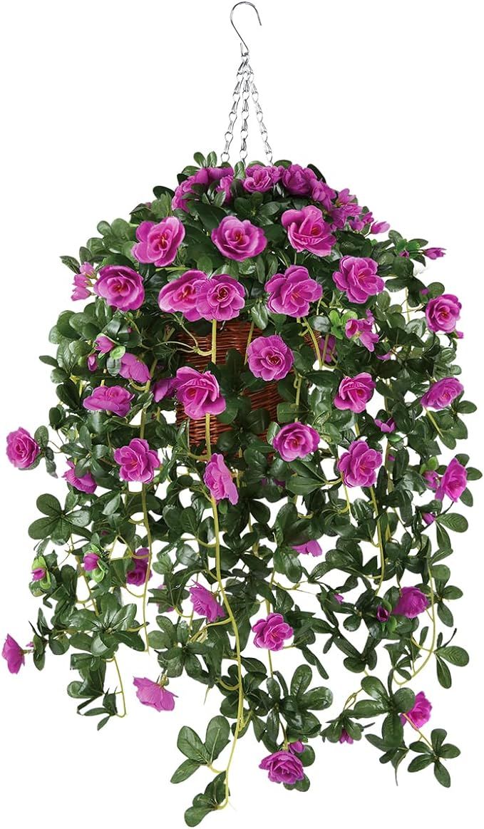 Homsunny Hanging Basket with Artificial Azalea Silk Flowers for Outdoor/Indoor, Artificial Hangin... | Amazon (US)
