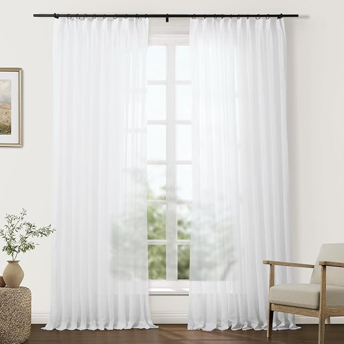 TWOPAGES White Pinch Pleat Sheer Curtains 108 Inches Long Linen Textured Drapes for Living Room B... | Amazon (US)