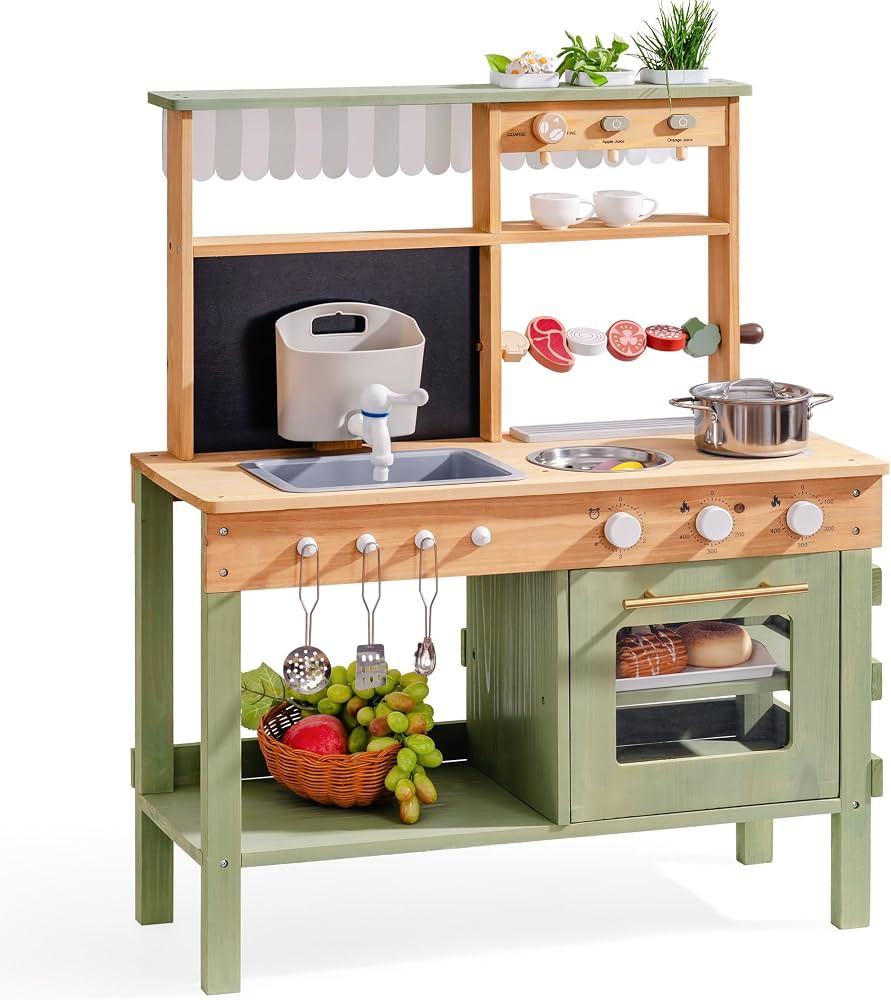 ROBOTIME Wooden Mud Kitchen for Kids, Outdoor Playset with Sink, BBQ Grill, Coffee Maker, Plantin... | Amazon (US)