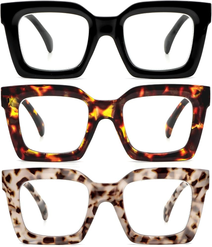 3 Pack Thick Frame Oversized Reading Glasses for Women Blue Light Blocking Computer stylish Readers with Spring Hinge | Amazon (US)