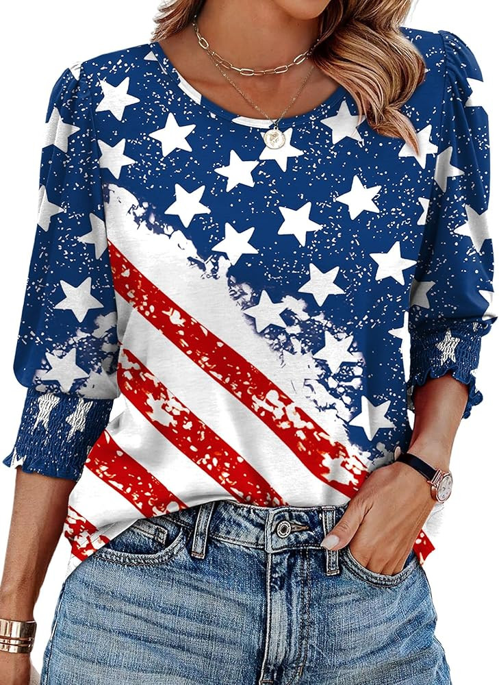 XIEERDUO Blouses for Women Dressy Casual 3/4 Length Sleeve Womens Tops with Smocked Cuffs | Amazon (US)