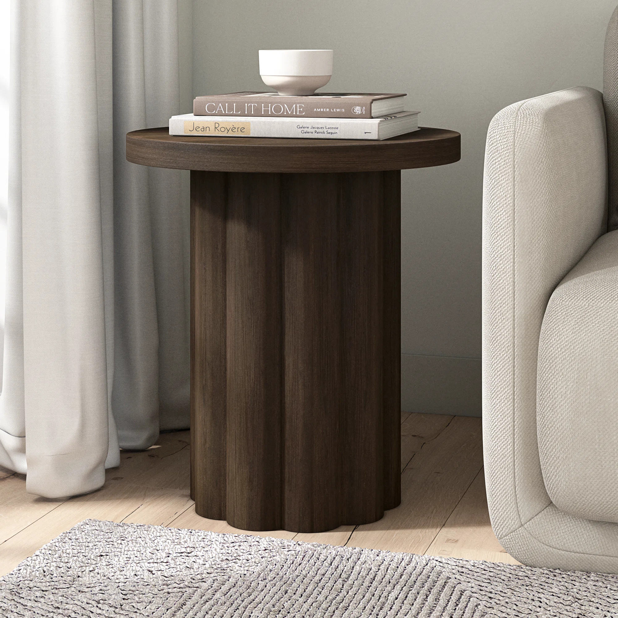 Olie 20" Wide Round Fluted Side Table in Brown Oak | Wayfair North America