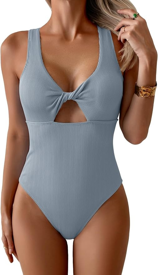 Women's Swimsuit Ribbed Tummy Control One Piece Bathing Suit Twist V Neck Swimwear Metal Buckle B... | Amazon (US)