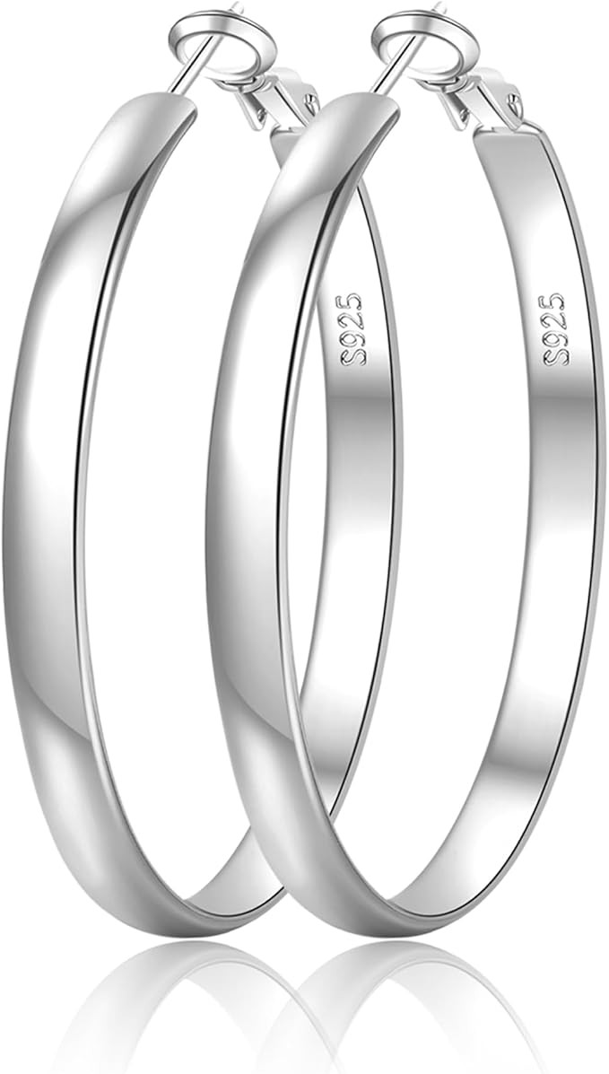 EXGOX 5mm Wide Gold Hoop Earrings for Women,Sterling Silver Hoop Earrings Large Silver Hoop Earri... | Amazon (US)