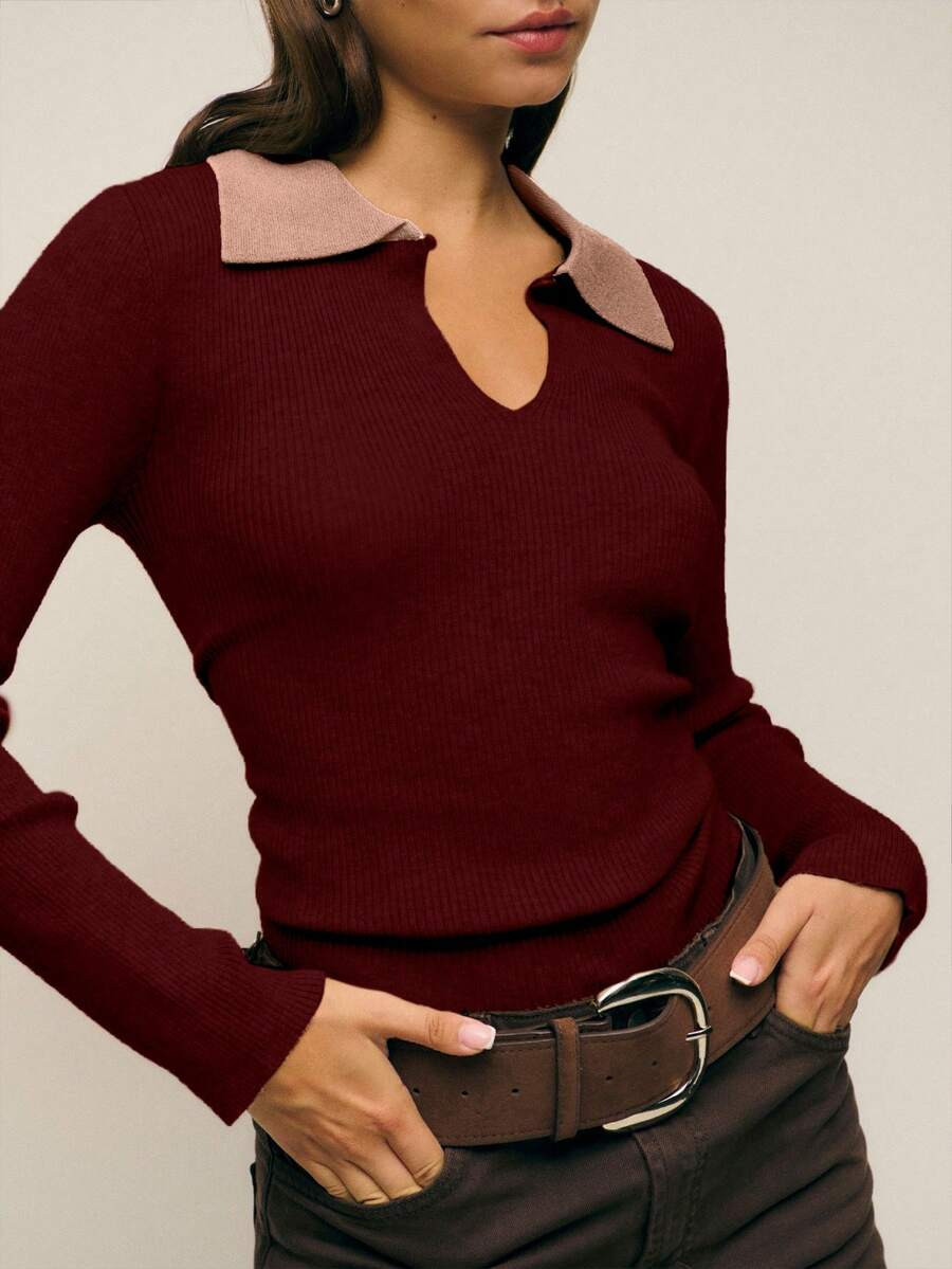 Nöista Ribbed Sweater With Contrast Collar And Keyhole Detail, Perfect For Fall | SHEIN