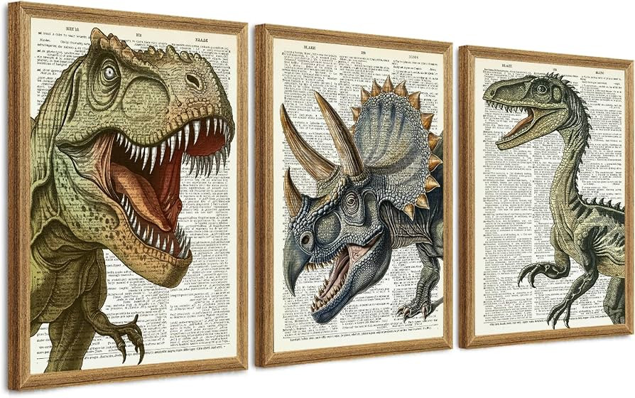 Ovczax 3 Pieces Dinosaur Canvas Wall Art - Tyrannosaurus Rex, Triceratops, Velociraptor Decor For... | Amazon (US)