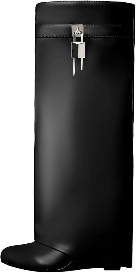 Yishaweiqi Fold Over Boots Wide-calf Wedge Heel Knee High Boot With Decorative Lock | Amazon (US)