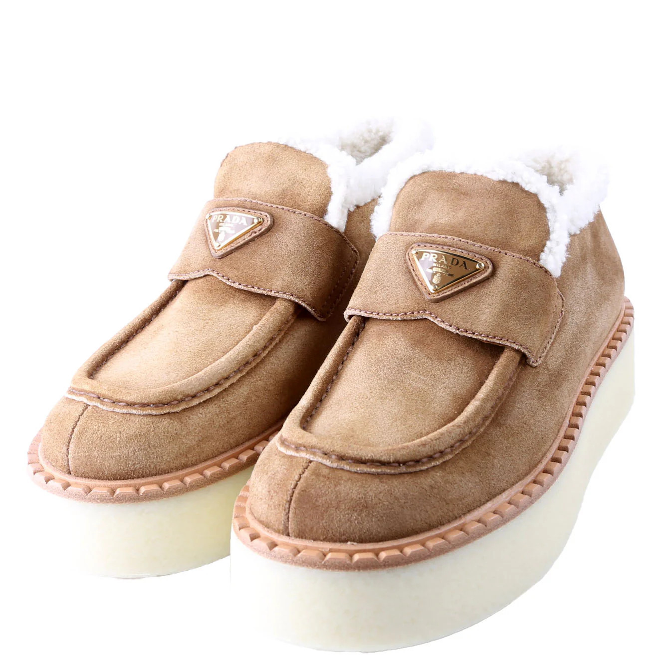 Suede/Shearling Platform Loafers Size 38.5 Tan | Keeks Designer Handbags