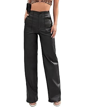 Faux Leather Pants High Waist Coated PU Button Straight Leather Black Leggings Wide Leg Pants wit... | Amazon (US)