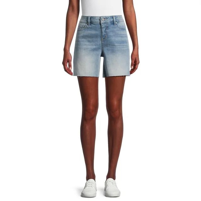 Time and Tru Women's Mid-Rise Raw Hem Denim Shorts, 6” Inseam, Sizes 2-20 | Walmart (US)