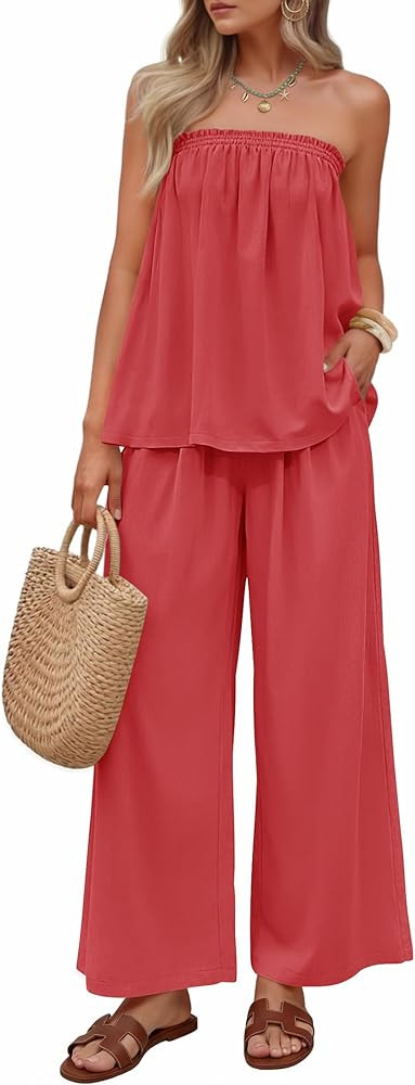 ZESICA Women's Summer 2 Piece Sets 2026 Spring Casual Strapless Tube Top Wide Leg Pants Ruffle Be... | Amazon (US)