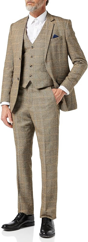 Mens 3 Piece Tweed Suit Tan Herringbone Check Retro Tailored Fit | Amazon (UK)