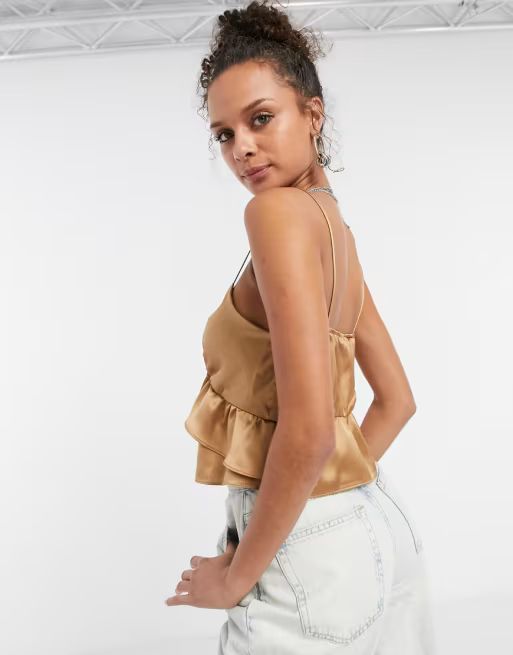 Topshop strappy ruffle front cami top in champagne | ASOS (Global)