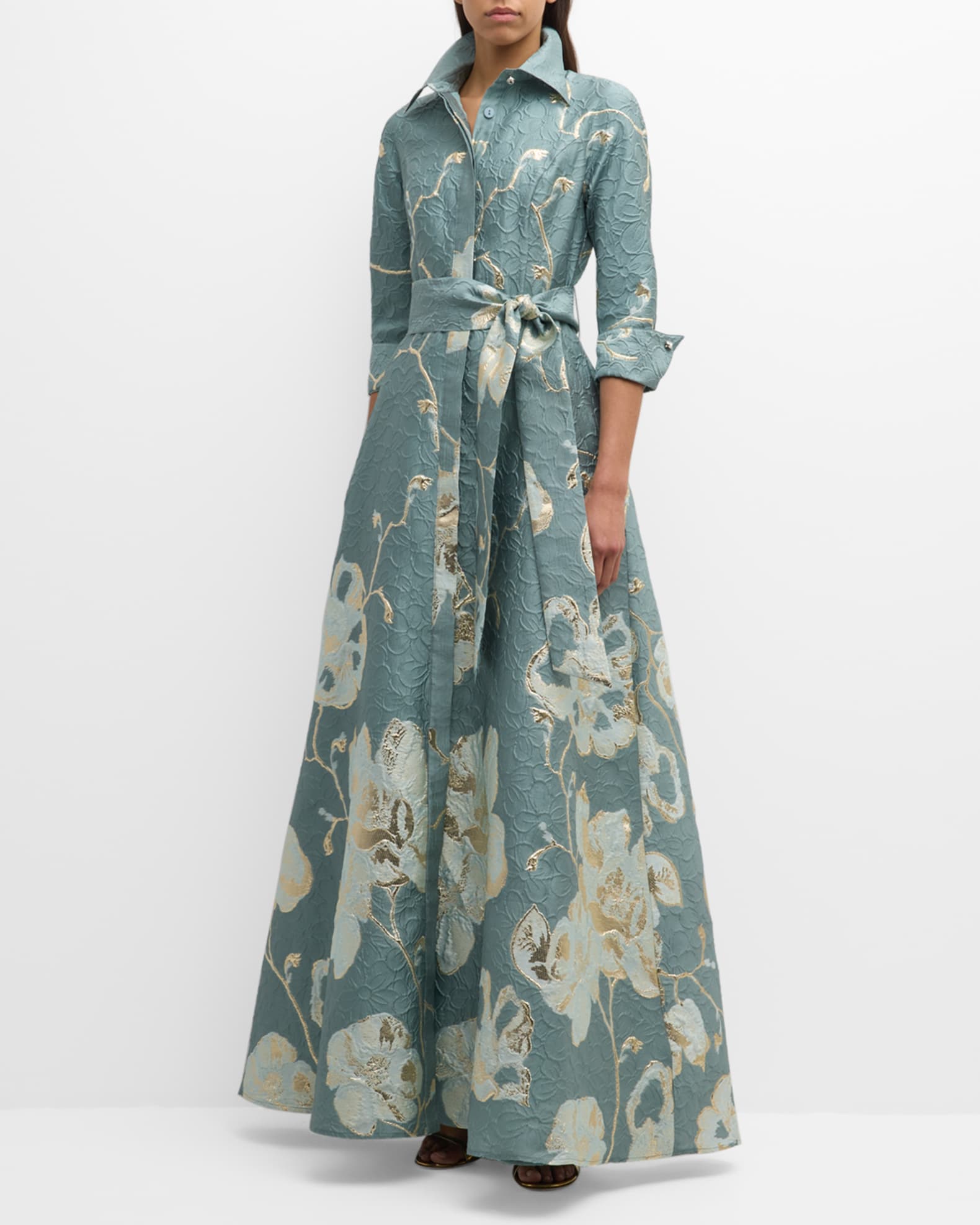 Metallic Floral Jacquard Shirt Gown | Neiman Marcus