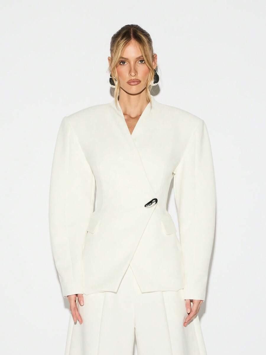 KIZN Shoulder Pad Balloon Sleeve Blazer With Metal Buckle Detail V-Neck Wrap Style Professional O... | SHEIN