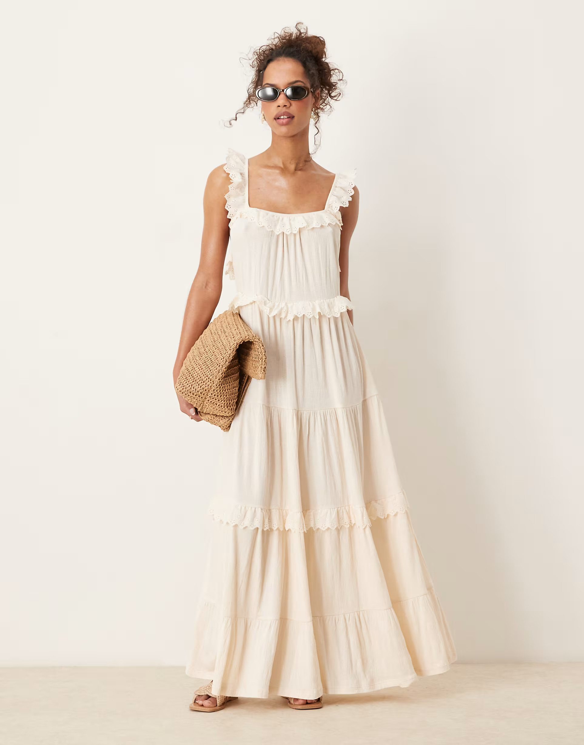 ASOS DESIGN lace insert ruffle tiered swing maxi dress in white | ASOS (Global)