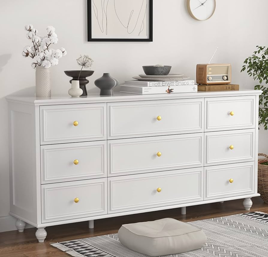 FUFU&GAGA White Chest of Drawers 9 Drawer Chest Dresser Wood Dresser with Wood Leg & Gold Handles... | Amazon (US)