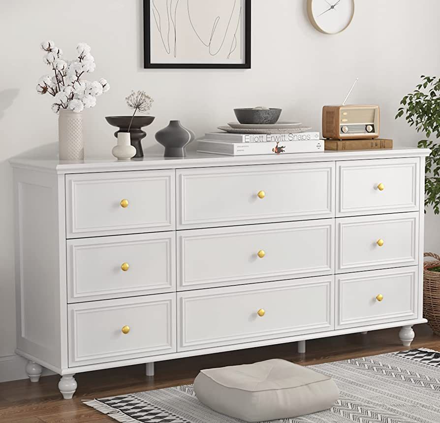 FUFU&GAGA White Chest of Drawers 9 Drawer Chest Dresser Wood Dresser with Wood Leg & Gold Handles... | Amazon (US)