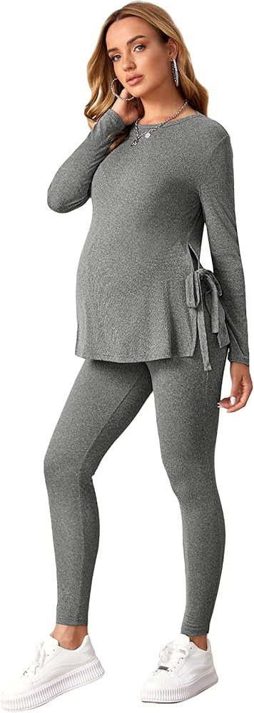 OYOANGLE Women's Maternity Rib Knit Round Neck Knot Side Tee Tops and Leggings Pants Sets | Amazon (US)
