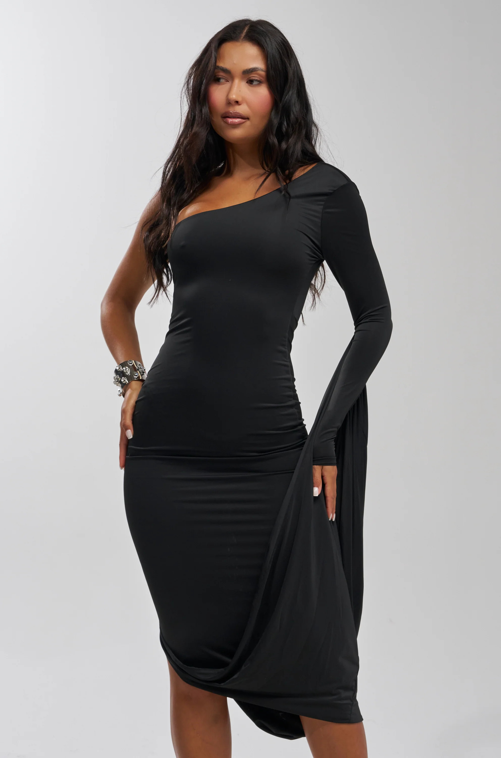 FOREVER FLIRTY ONE SHOULDER WINGED MIDI DRESS | AKIRA
