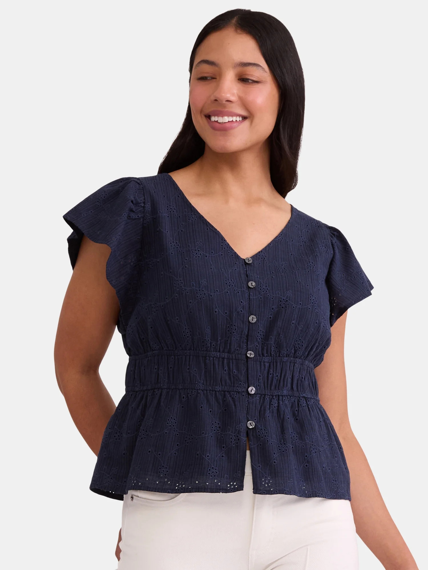 Time and Tru Women's Eyelet Peplum Top, Sizes XS-XXXL | Walmart (US)