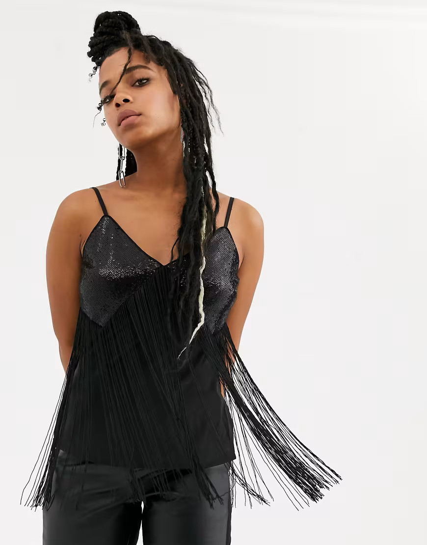 ASOS DESIGN sequin cami with fringing-Black | ASOS (Global)