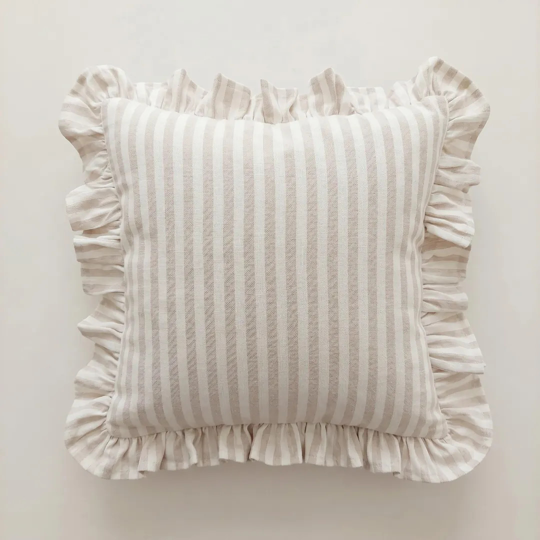 Linen Cotton Ruffle Pillow Cover - Striped Farmhouse Cushion - Cottagecore Decor | Etsy (Global)