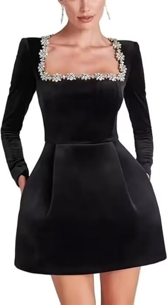 Dymaisei Crystal Square Neck Wedding Dresses for Brides Short Long Sleeve Prom Dress Velvet Weddi... | Amazon (US)