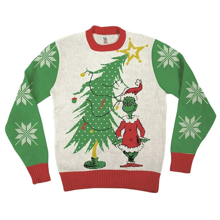 Dr Seuss Grinch As Santa Next To Tree Off-White Ugly Christmas Sweater | Walmart (US)