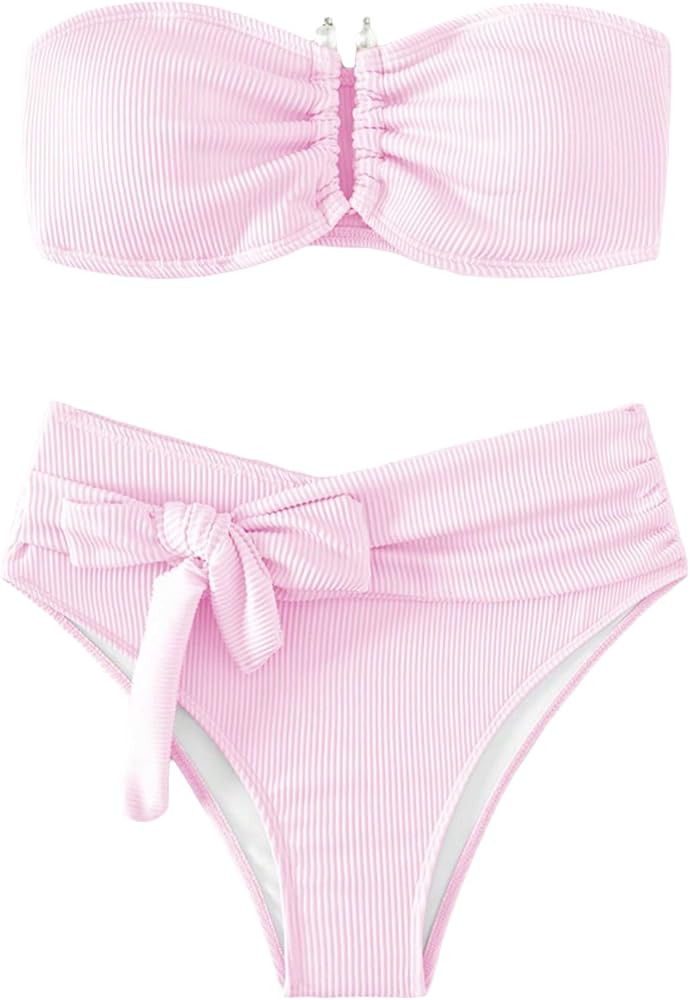 WDIRARA Women's 2 Piece Bikini Set Rib Knit Strapless Knot Front High Waist Swimsuit Set | Amazon (US)