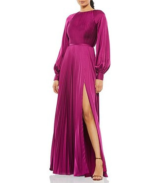 Crew Neck Long Blouson Cuff Sleeve Pleated High Slit Gown | Dillard's