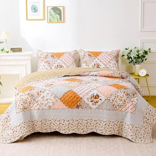 Yumhjika Patchwork Quilt Set Queen Size, 3 Pieces Floral Plaid Bedspreads Coverlet, Soft Microfiber Lightweight Bedding Set for All Season,Orange (90" X 90", 1 Quilt+ 2 Pillowcases) | Amazon (US)
