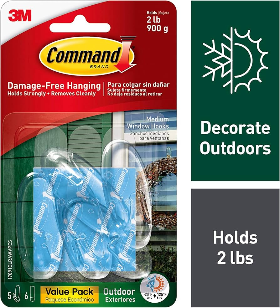 Command Outdoor Medium Window Hooks, Clear, Water-Resistant Adhesive, 5 Hooks, 6 Strips (17091CLR... | Amazon (US)