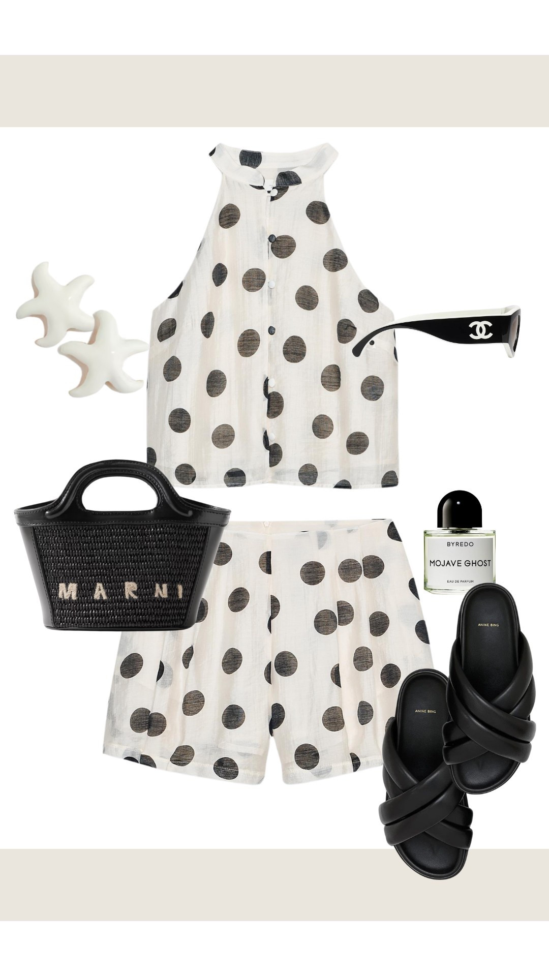 Polka dot co-ord set- 
Matching top and shorts in black and white polka dot print, Marni tote bag, chunky flat sandals, Chanel sunglasses and starfish earrings.
Timeless, classic charm with modern flair. Holiday outfit, vacation style, going out, summer outfit. Classy, elegant, Zara. #PolkaDotChic #ResortStyle #WeekendVibes

#LTKsummer #LTKpartywear #LTKstyletip