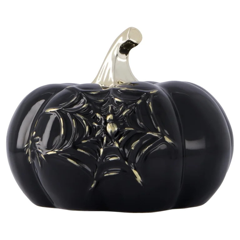 My Texas House Small Stoneware Spiderweb Pumpkin Tabletop Decoration, Black and Gold, 5" | Walmart (US)