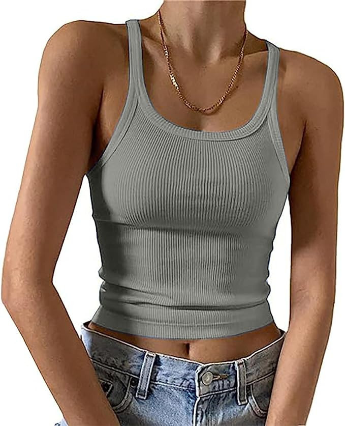 Womens V Neck Tank Tops 2023 Sexy Summer Sleeveless Vest Solid Color Crew Neck Camis Ribbed Slim ... | Amazon (US)