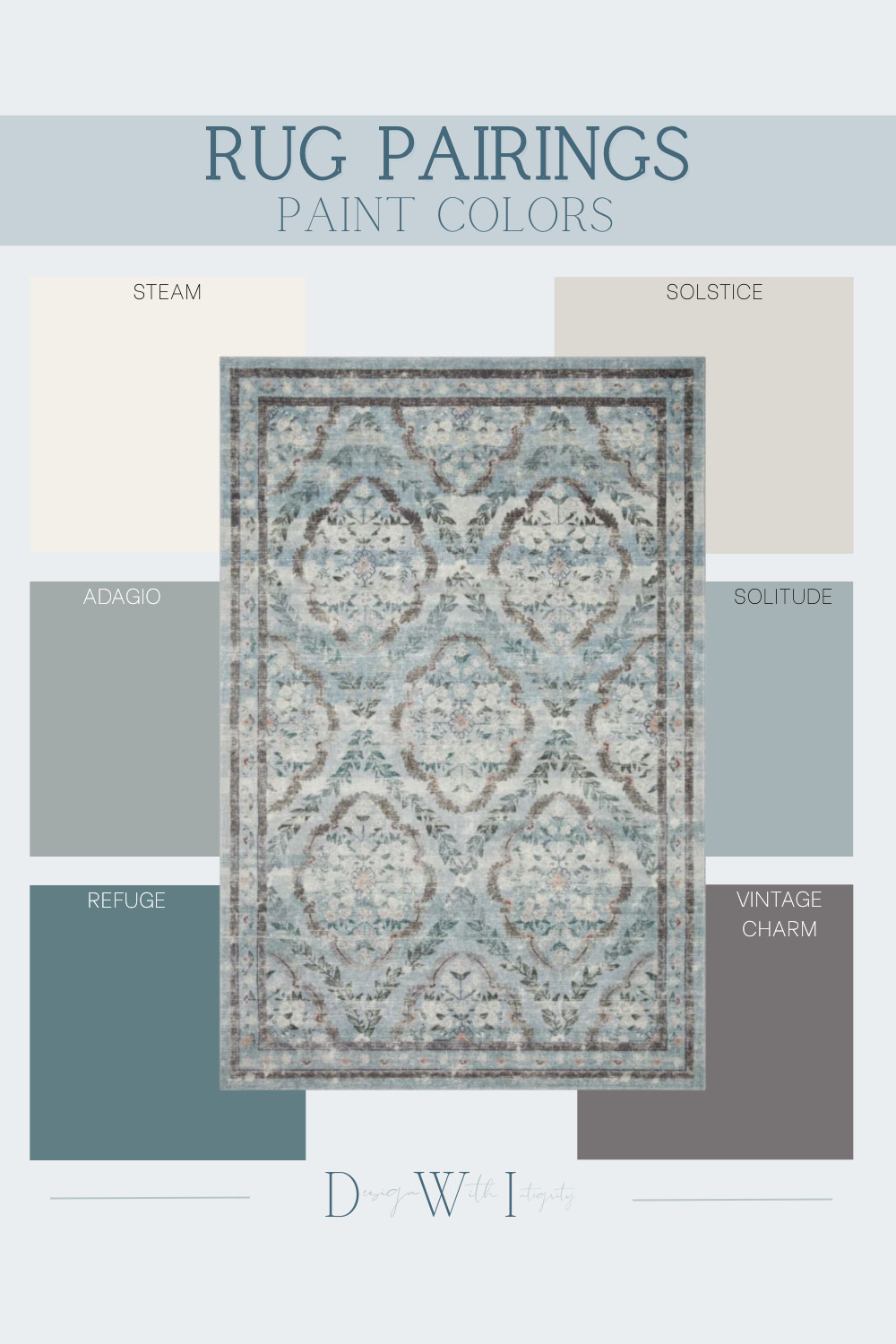 Soft blues, gentle neutrals, and a touch of timeless charm—this edition of Paint Pairings features a serene rug paired with elegant paint colors that capture a calm, coastal-inspired aesthetic. From the crisp warmth of Steam to the depth of Refuge, these tones layer beautifully to create balance and dimension in any room.

Whether you’re refreshing a living space, bedroom, or entryway, these combinations bring sophistication and tranquility to your design. Save this post for future paint inspiration and shop similar rugs through our LTK to recreate this cohesive palette at home.

Which color combination would you choose for your next project—light and airy or bold and moody? Share your thoughts below.

#interiordesigninspo #ltkhome #shopltk #shopthepost #homedecorinspo #beautifulhomes #designwithintegrity #interiorstyleguide #moodboardinspiration #paintpairings #rugpairings #colorpaletteinspo #homedesignideas #timelessdesign #cozyhomevibes #neutralhome #affordablehomedecor #interiordesigntips #homestylingideas #interiorinspiration #interiordesigncommunity #classicinteriors #interiordesigntrends #decorinspiration #designseries 

 #LTKHome