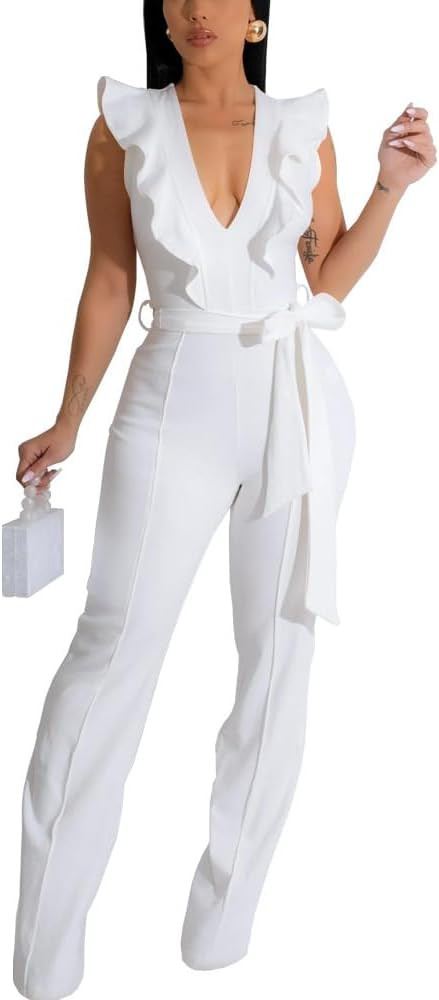 HBQ Womens Casual One Piece Jumpsuits V-Neck Sleeveless Ruffle Elegant Romper Wide Leg Pant Sexy ... | Amazon (US)