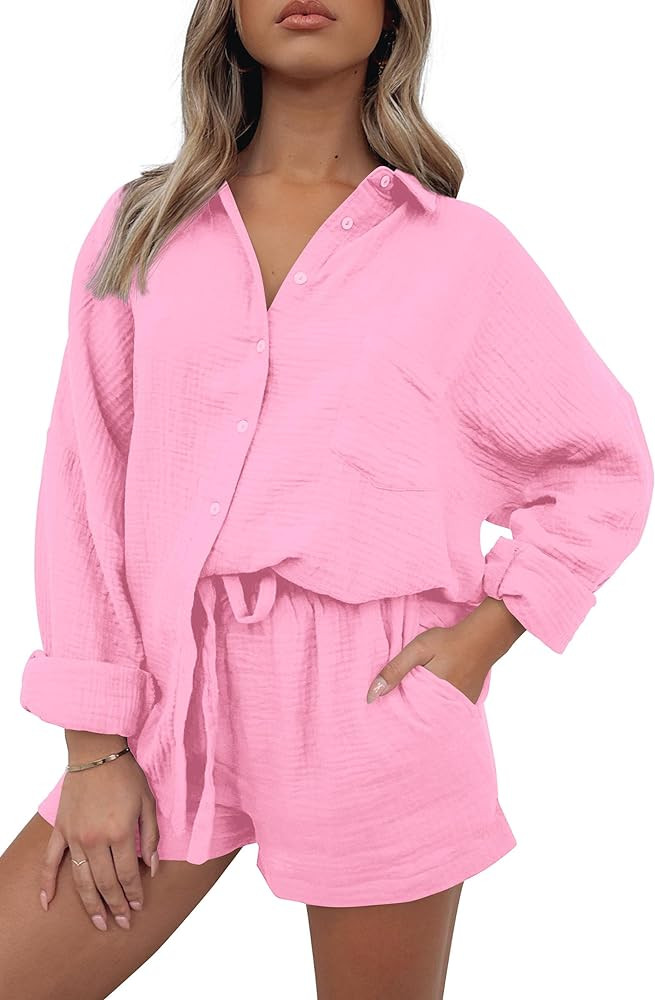 PRETTYGARDEN Women's 2 Piece Tracksuit Outfit Long Sleeve Blouse High Waisted Drawstring Shorts L... | Amazon (US)