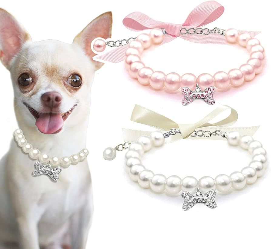 Casidoxi 2 Pcs Dog Cat Pearl Collar Necklace with Rhinestone Bone, Fancy Cat Wedding Collar Jewel... | Amazon (US)
