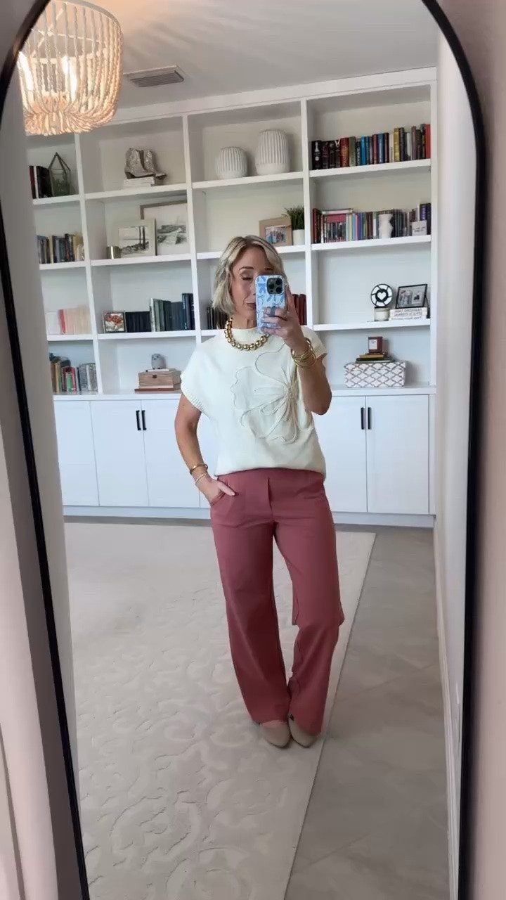 New Pants - from a favorite brand. Wide Leg Yoga-Work Pants - size small, 29" Inseam. (“Cameo”). * Flower Short Sleeve Sweater - size small. 20 colors. * Knit Mary-Jane Flats - TTS.

#LTKSeasonal #LTKOver40 #LTKWorkwear