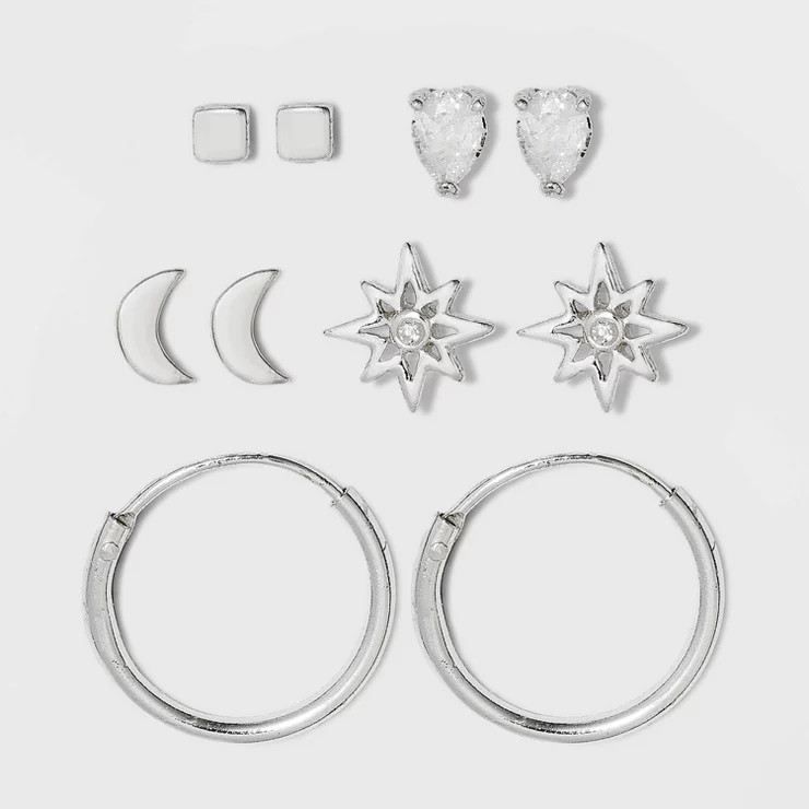 Sterling Silver with Cubic Zirconia Star, Moon, Tear Drop and Endless Hoop Stud Earring Set 5pc -... | Target