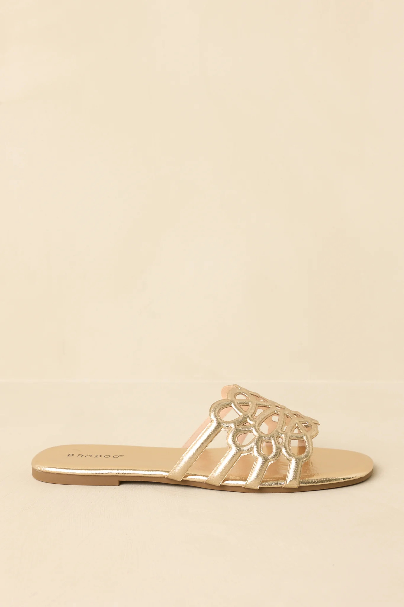 Slip Into Something Pretty Gold Cutout Slide Sandals | Red Dress
