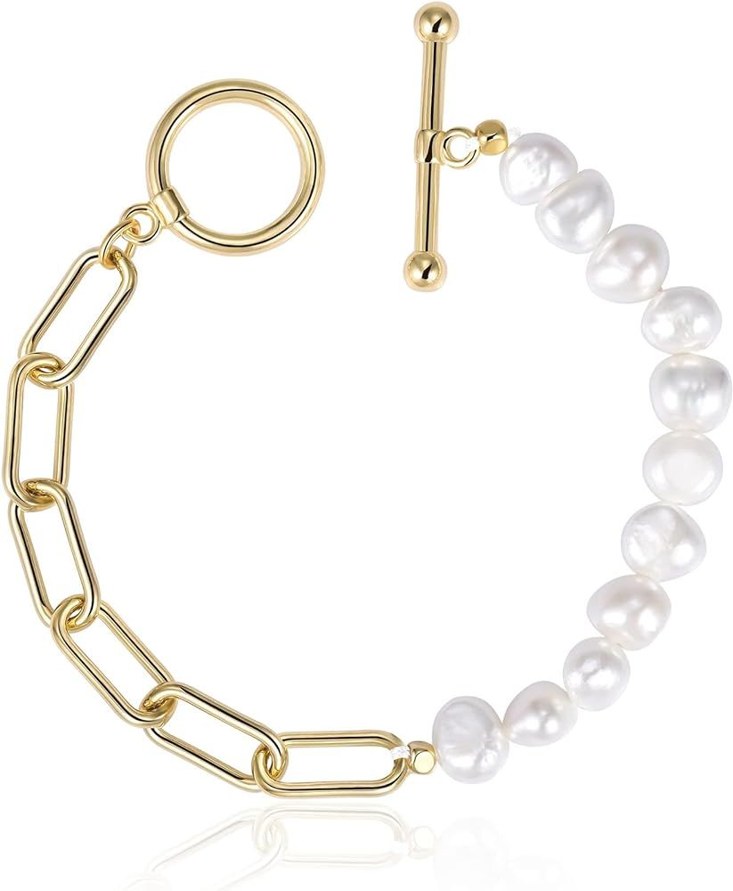Cowlyn Paperclip Pearl Bracelet Baroque Culture Link Chain 14K Gold Plated Dainty Handmade Bangle... | Amazon (US)