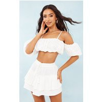 Petite White Broderie Puff Sleeve Crop Top | PrettyLittleThing CAN