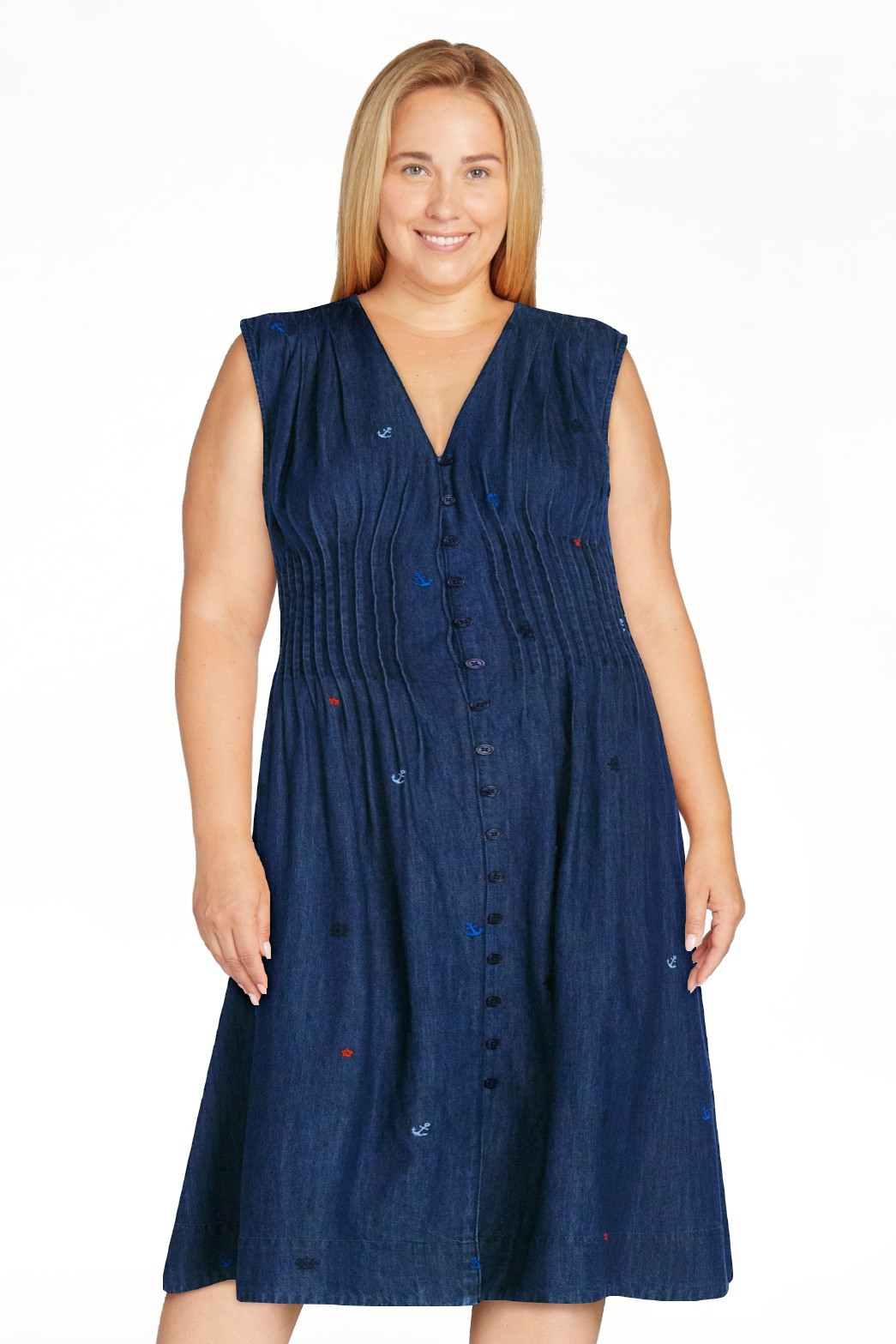 Free Assembly Women's Sleeveless Embroidered Denim V-Neck Midi Dress, Sizes XS-4X | Walmart (US)